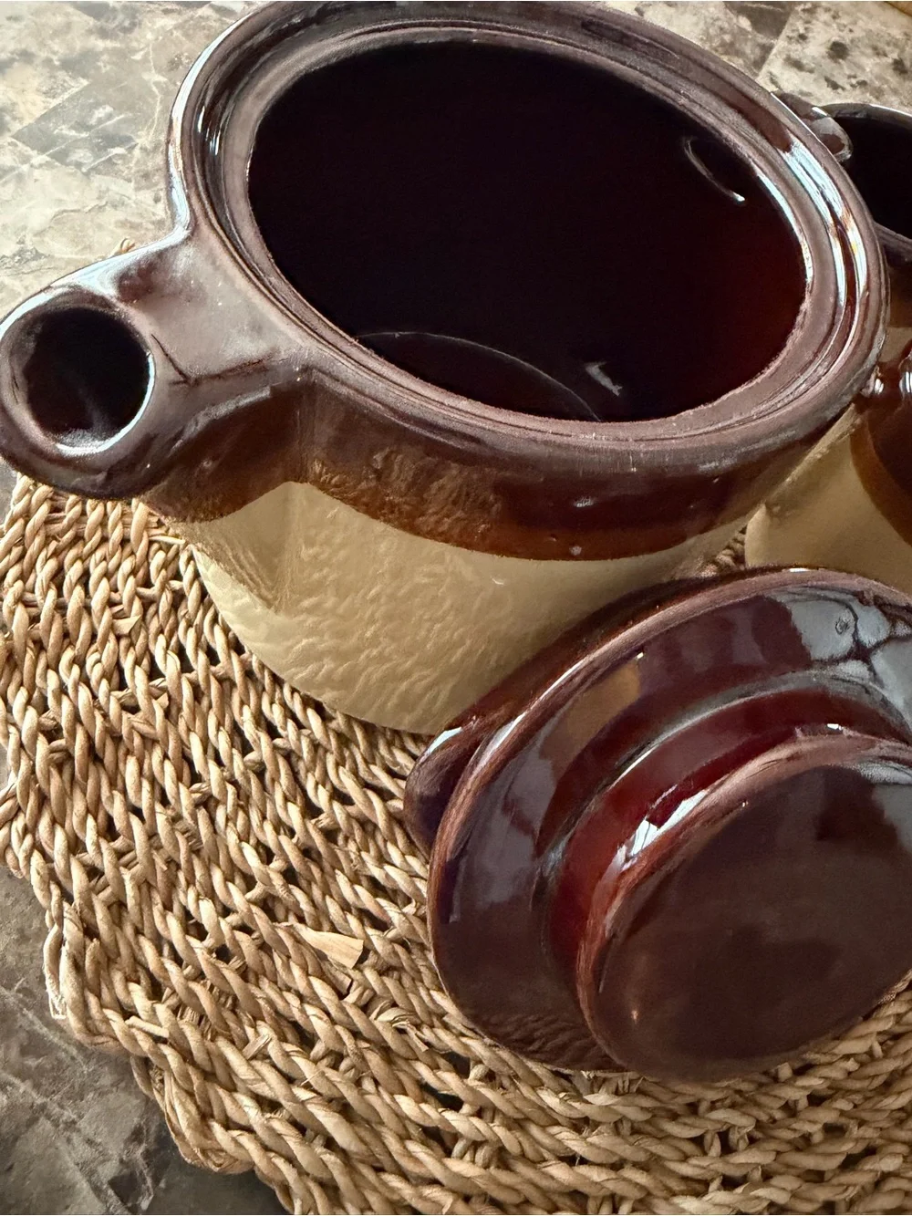 Vintage Brown & Cream Stoneware Tea Set | Teapot + 4 Mugs